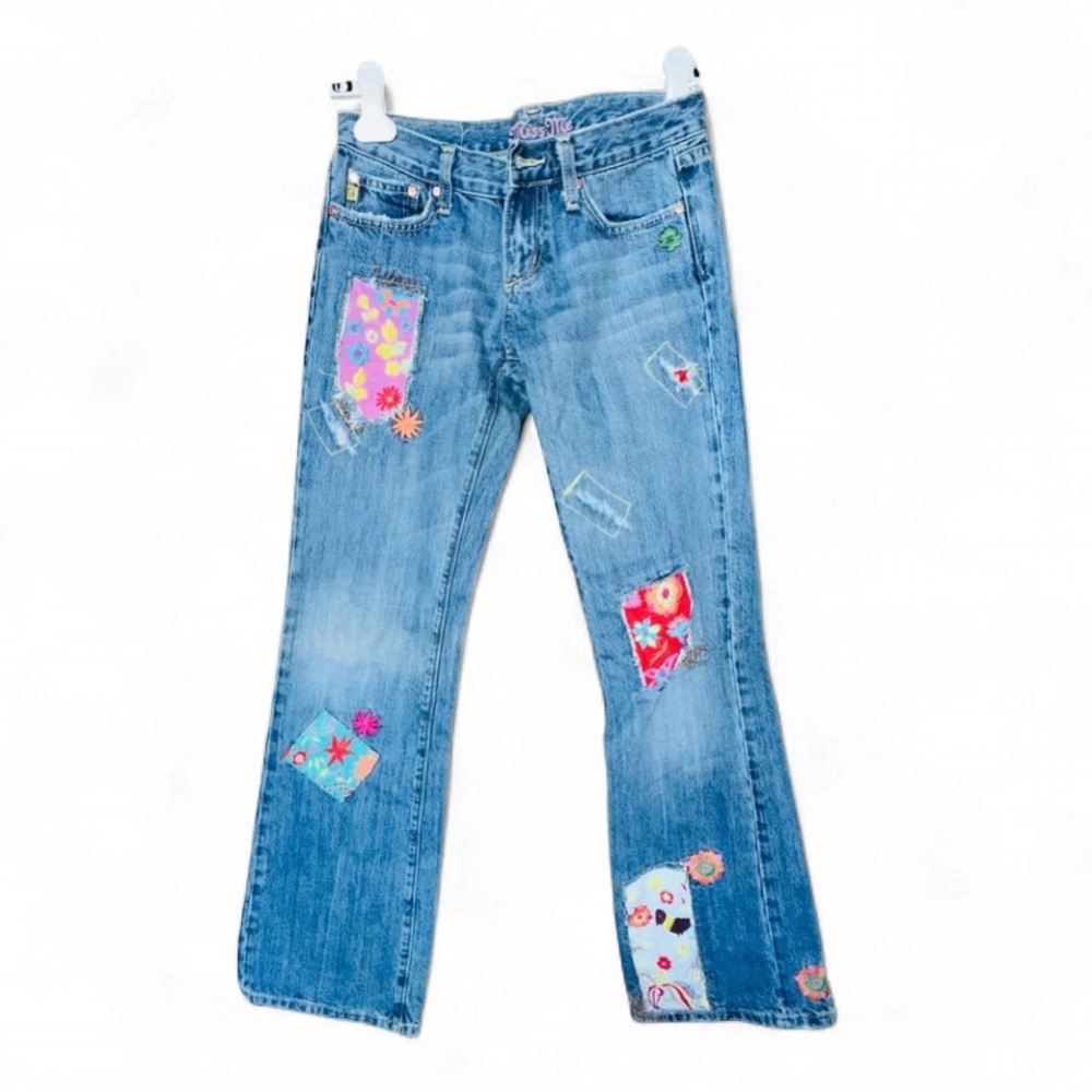 Miss Me Light Blue Bootcut Jeans with Colorful Floral Patches